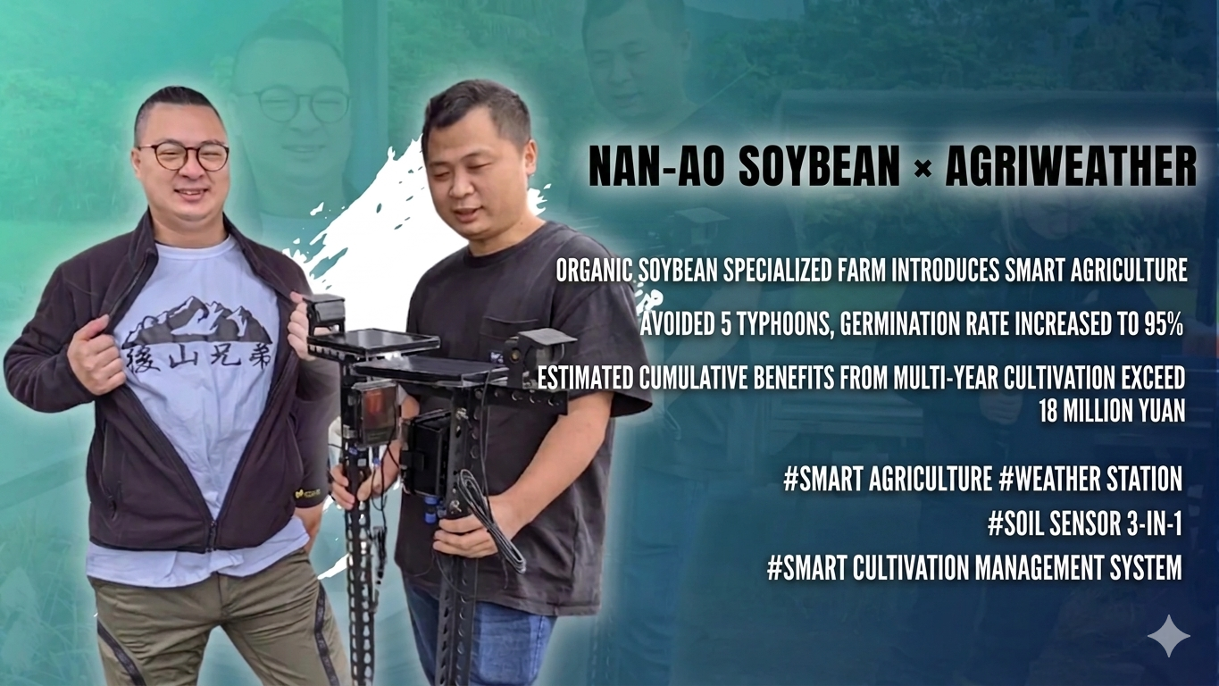 Photo shows Huang Po-kai and Huang Sung-yu of Nan-ao's Wei-yun Organic Farm with AgriWeather sensors.