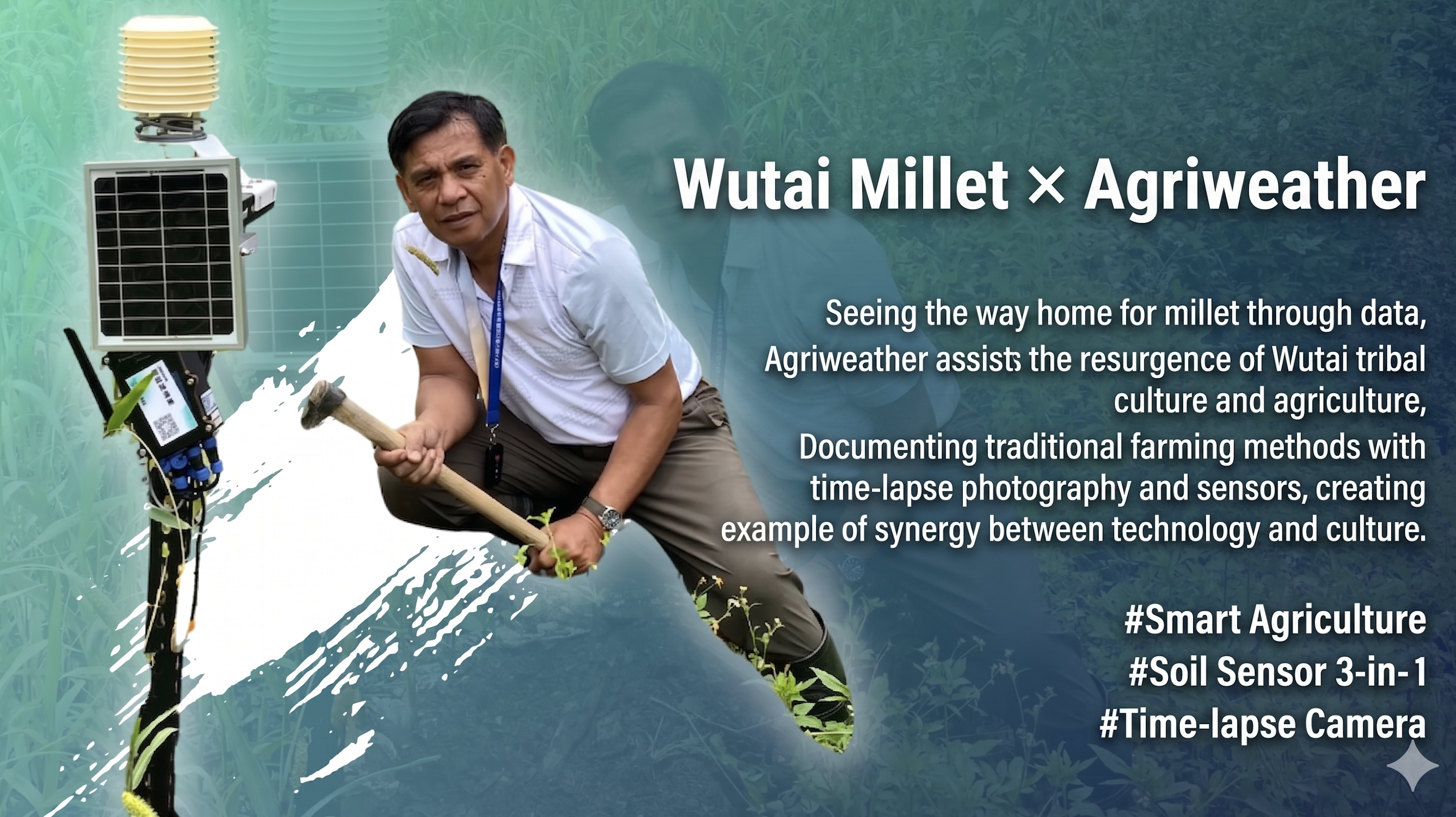 The image shows Ba Ching-Hsiung, Assistant Professor of the Department of Sociology at National Sun Yat-sen University, alongside the AgriWeather Multi-Functional Sensor.