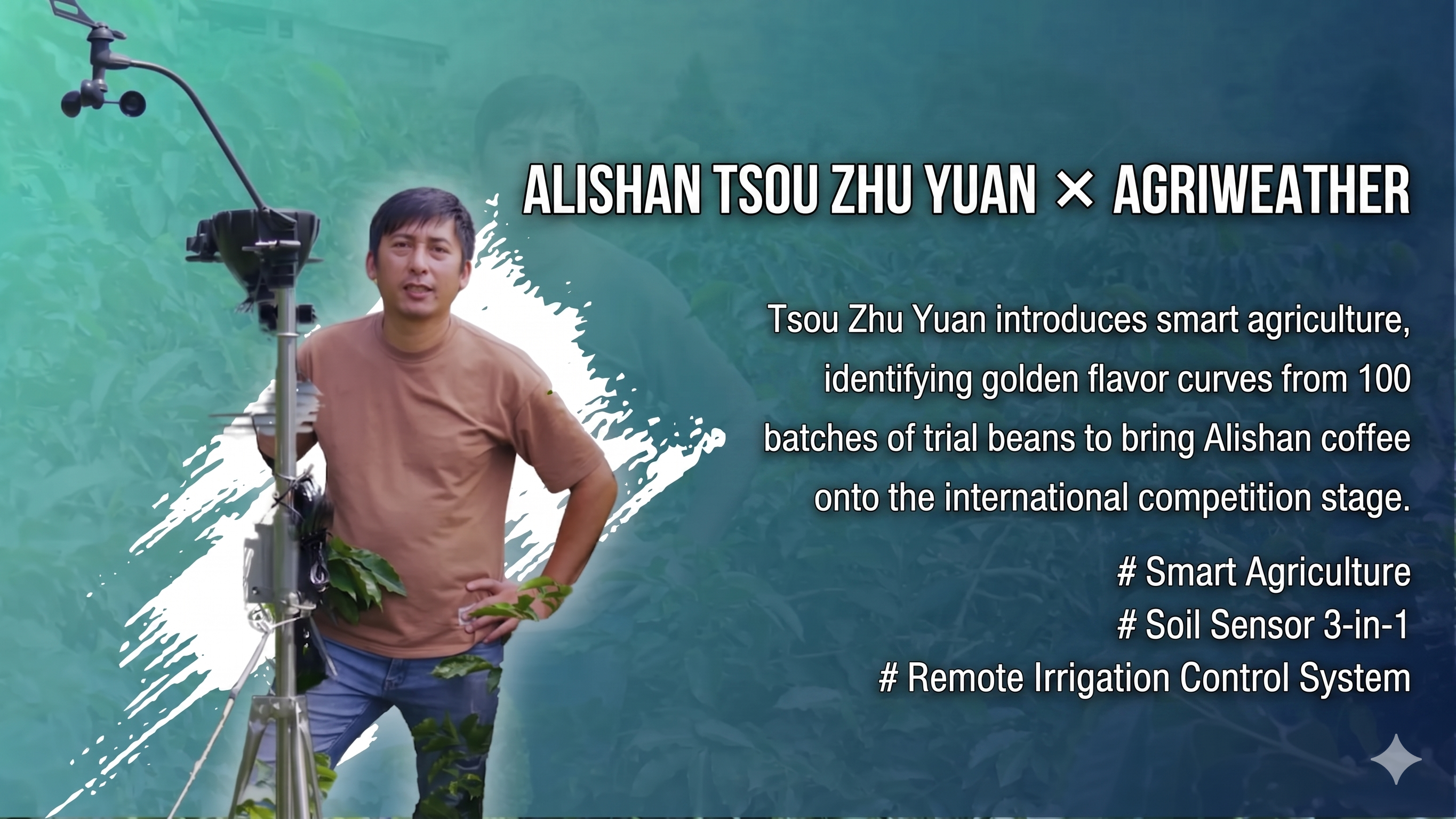 The photo shows Fang Zheng-lun of Zouzhouyuan in Alishan posing with the AgriWeather Weather Station.
