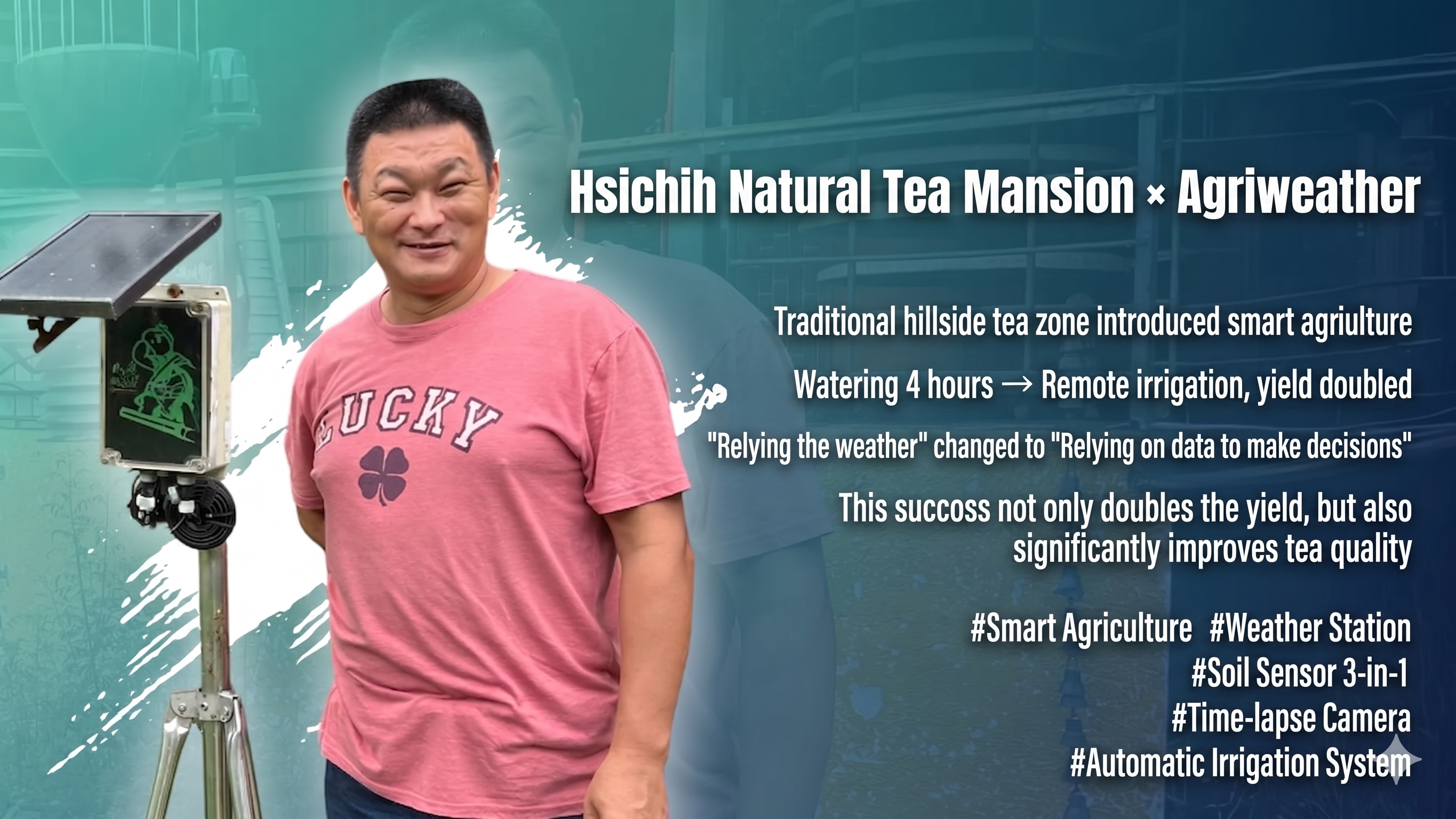 The photo shows Tsai Hsu-chih, the fourth-generation tea farmer of Natural Tea Manor, posing with the AgriWeather Weather Station.
